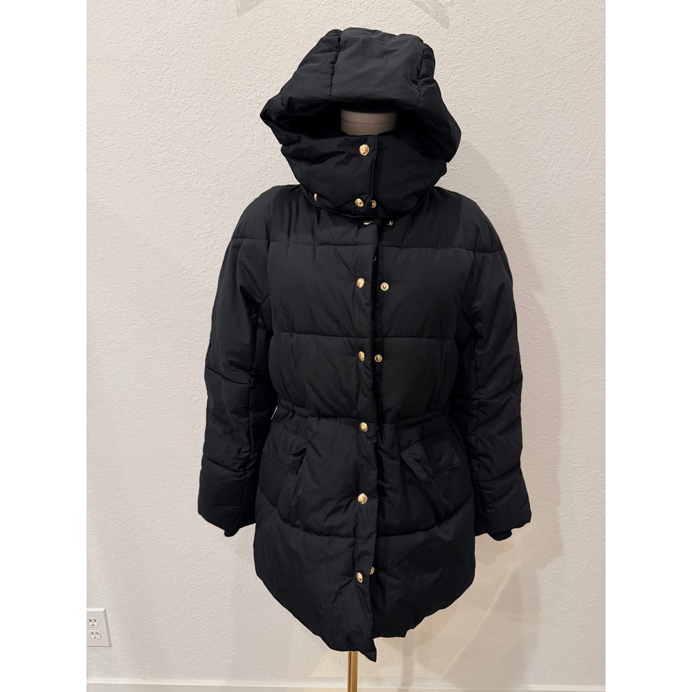 J.Crew Chateau Signature Puffer Coat Small Black PrimaLoft Hooded Elevated Basic
